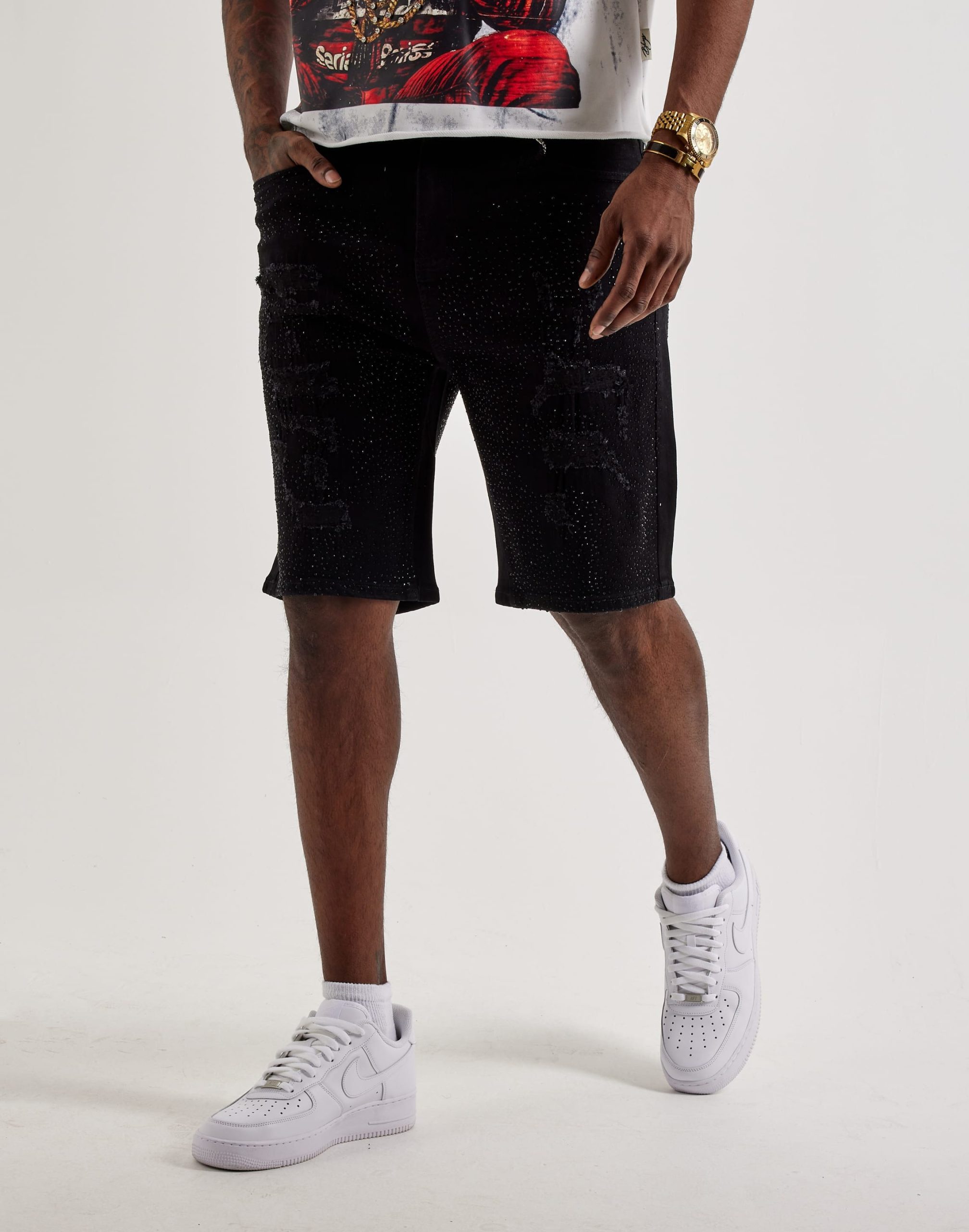 WAIMEA Distressed Rhinestone Denim Shorts - Image 2