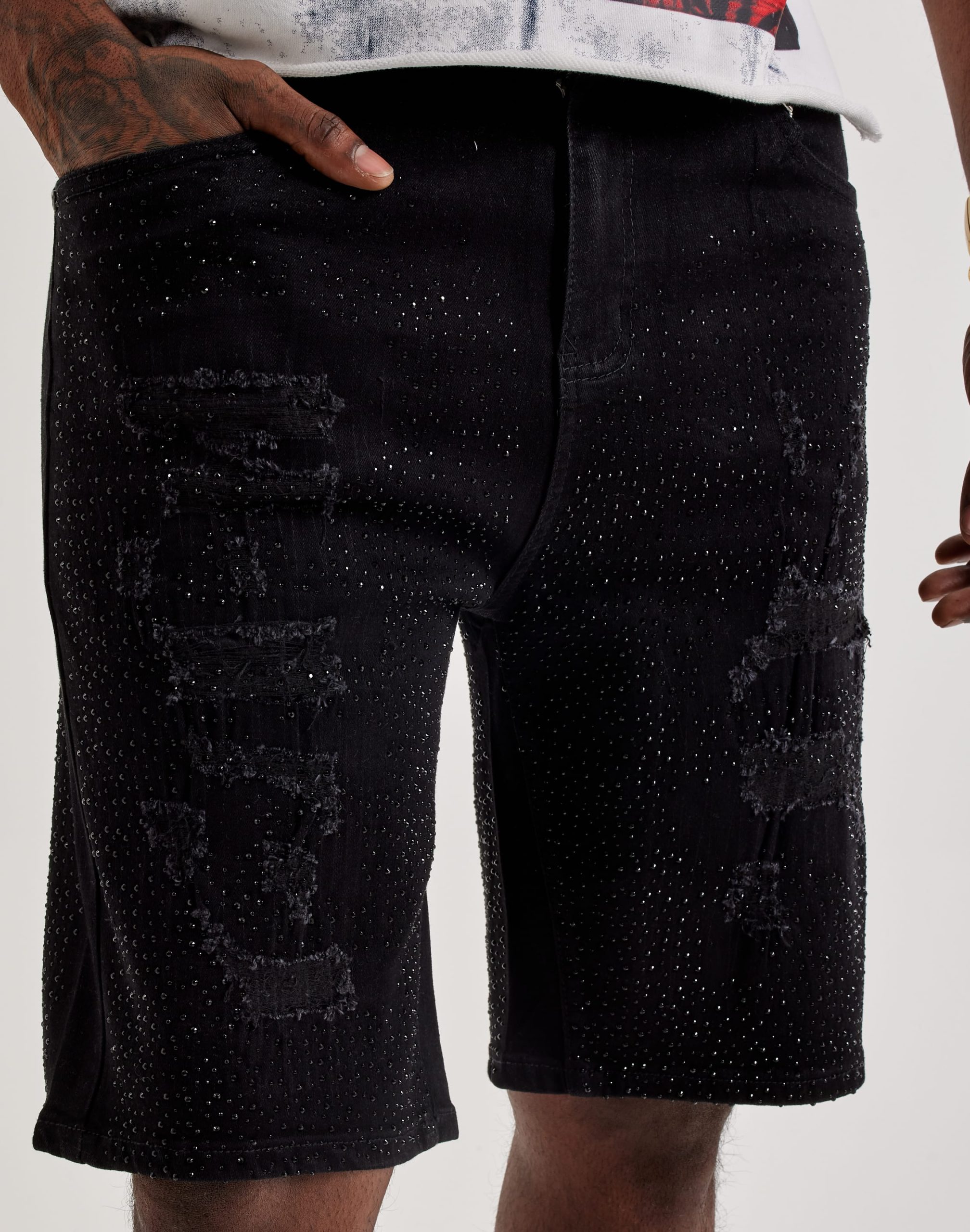 WAIMEA Distressed Rhinestone Denim Shorts - Image 3