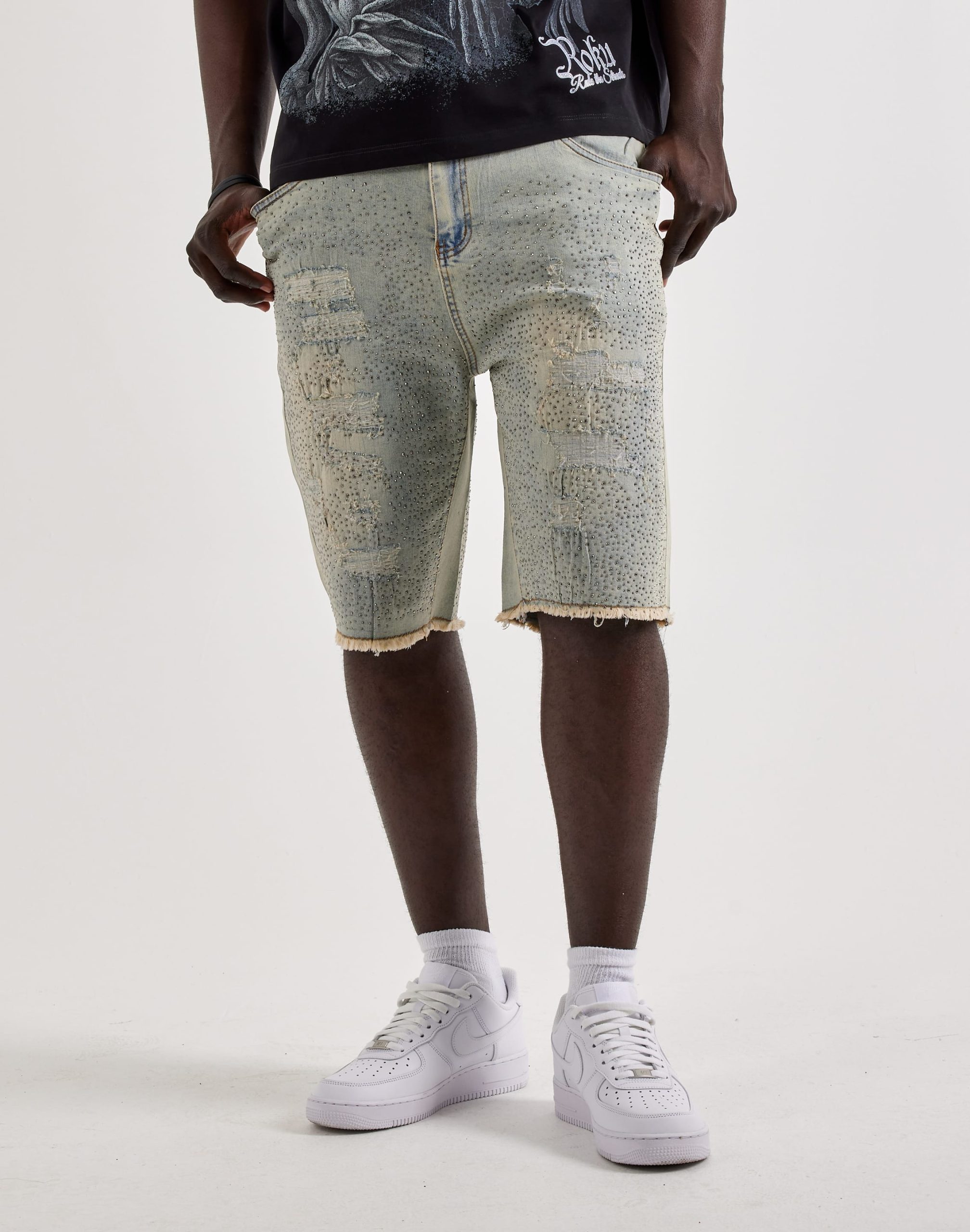 WAIMEA Distressed Rhinestone Denim Shorts