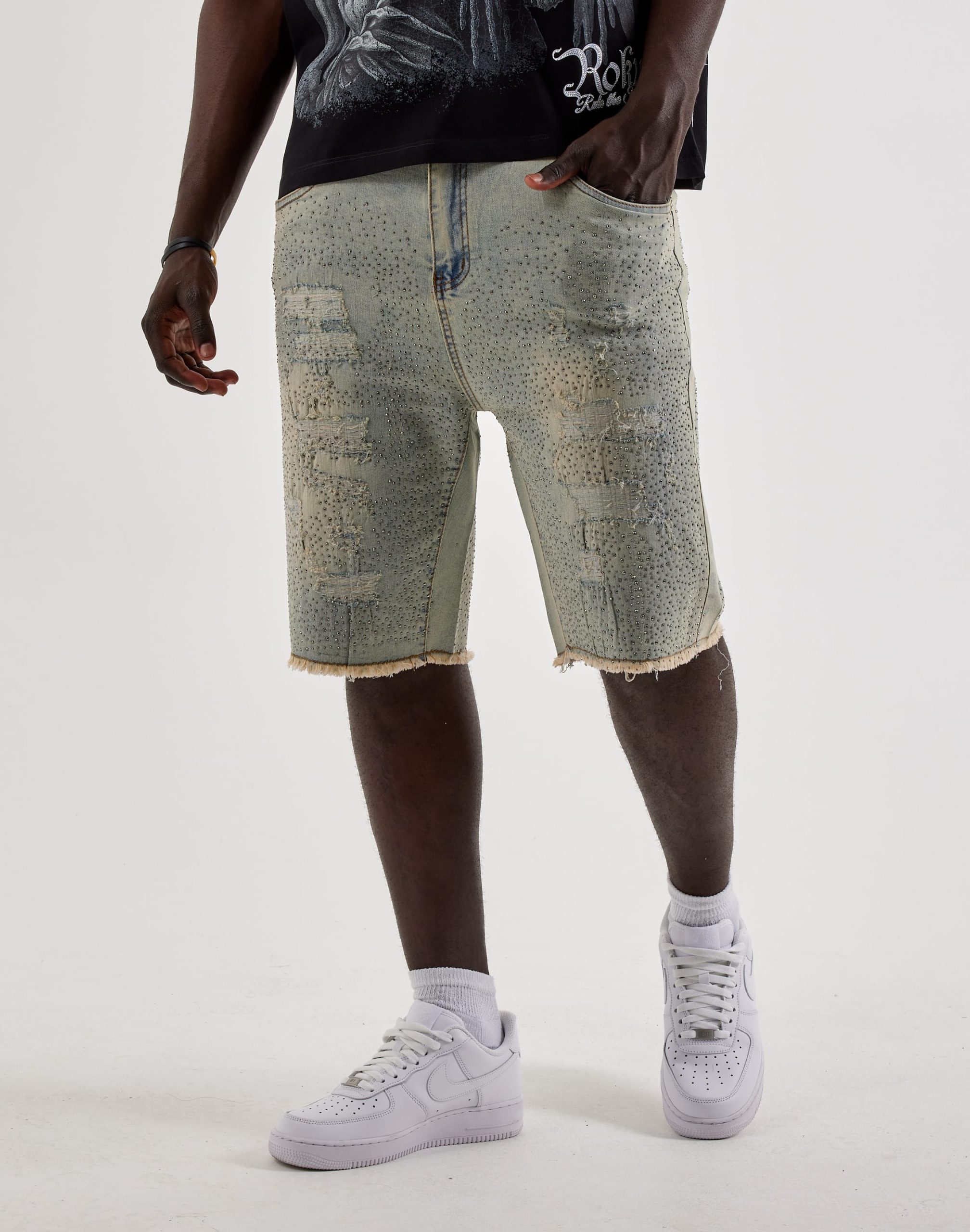 WAIMEA Distressed Rhinestone Denim Shorts - Image 2
