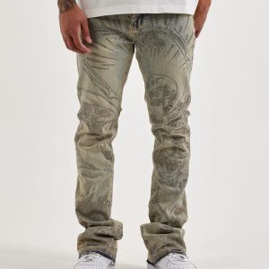 WAIMEA Stacked Rhinestone Skull Denim Jeans