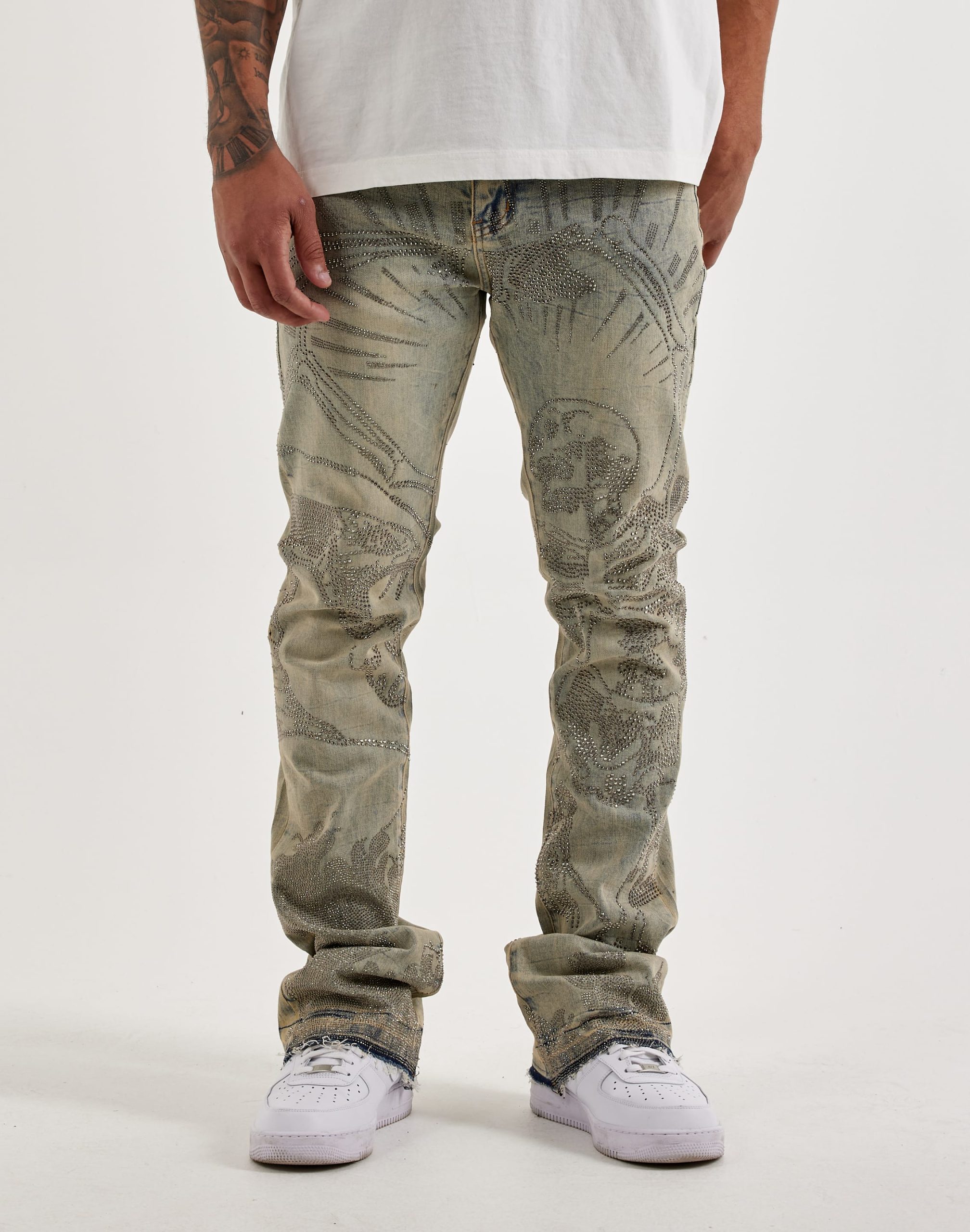 WAIMEA Stacked Rhinestone Skull Denim Jeans