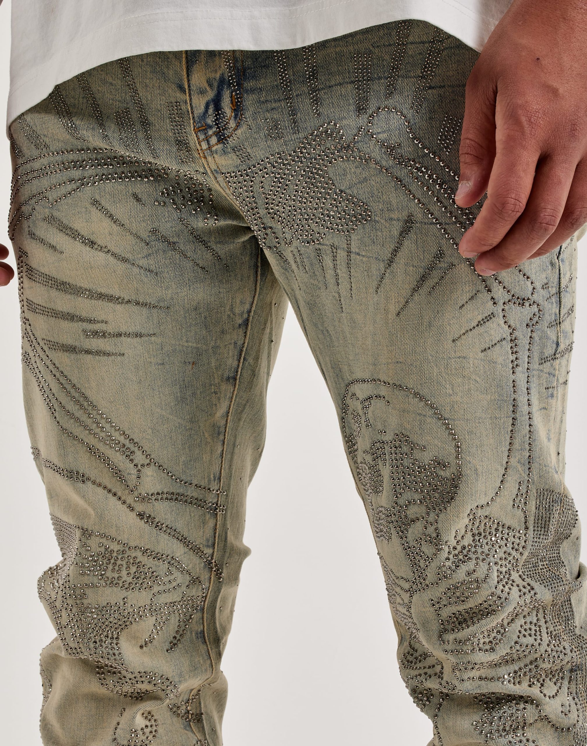 WAIMEA Stacked Rhinestone Skull Denim Jeans - Image 3