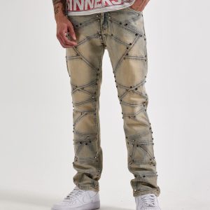WAIMEA Geometric Stitch Studded Denim Jeans
