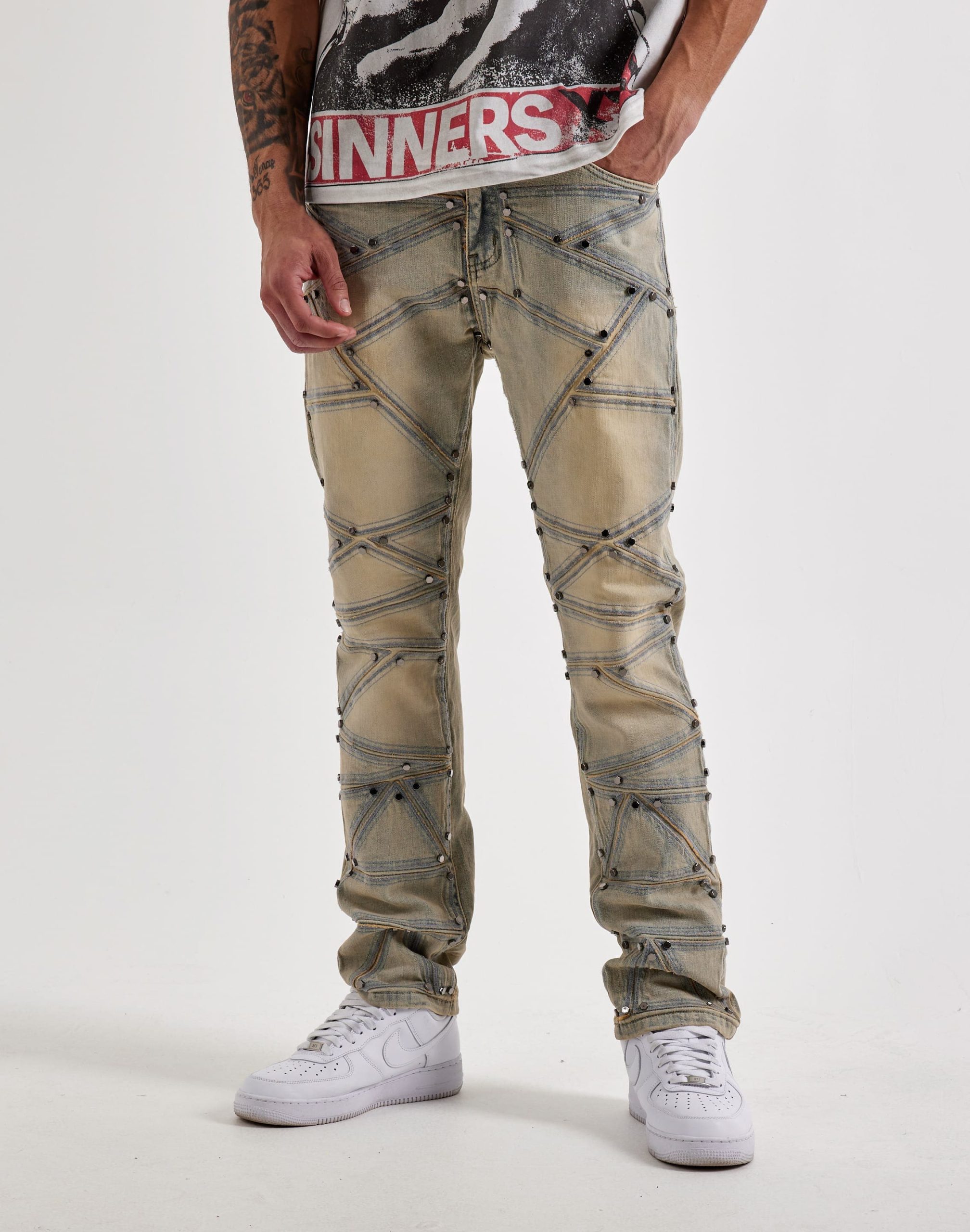 WAIMEA Geometric Stitch Studded Denim Jeans