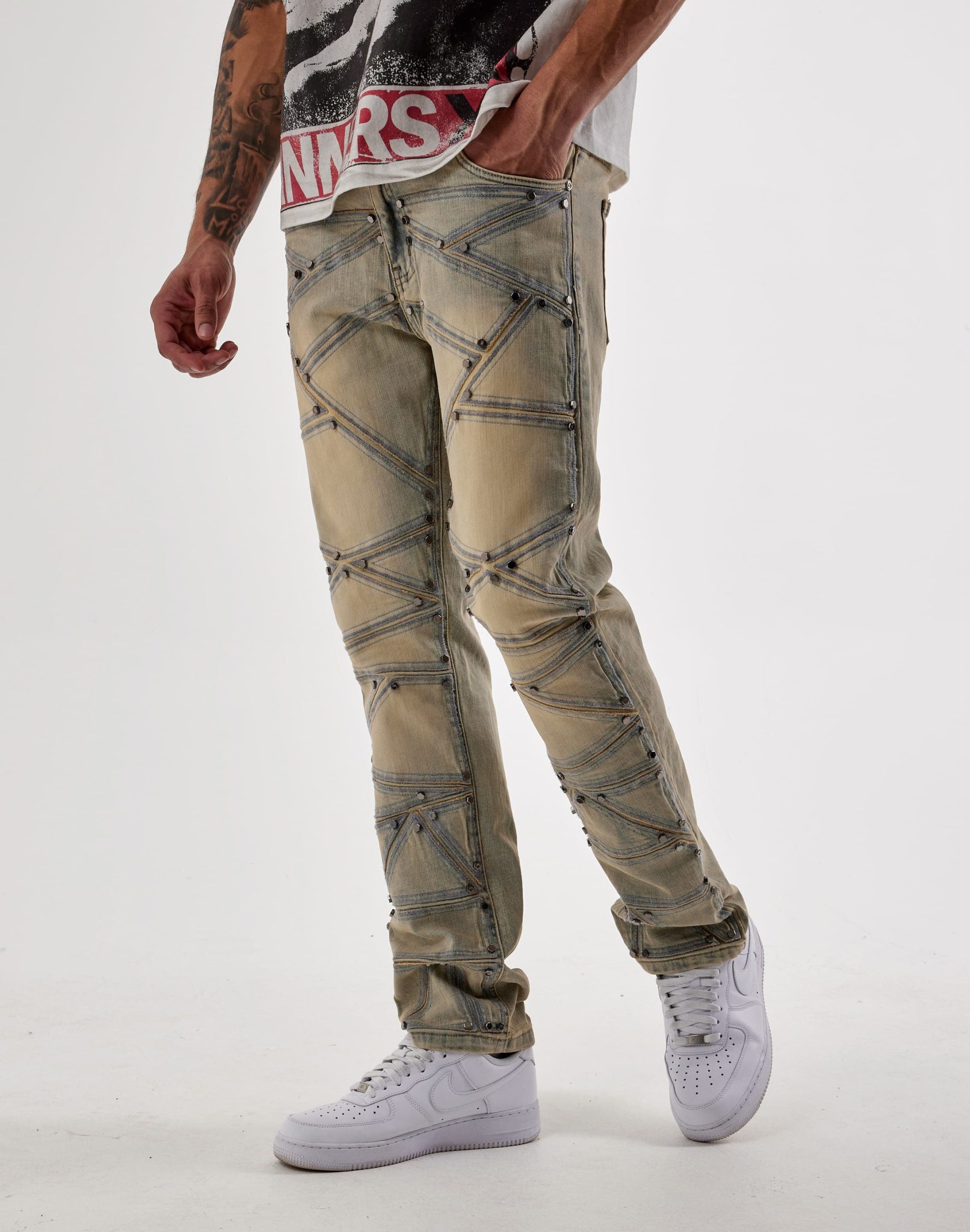 WAIMEA Geometric Stitch Studded Denim Jeans - Image 2