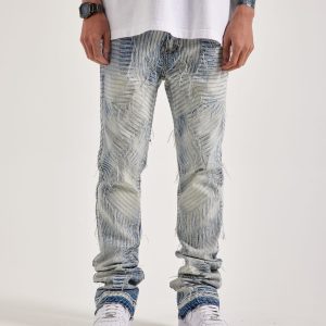 WAIMEA Slim Geometric Frayed Distressed Denim Jeans