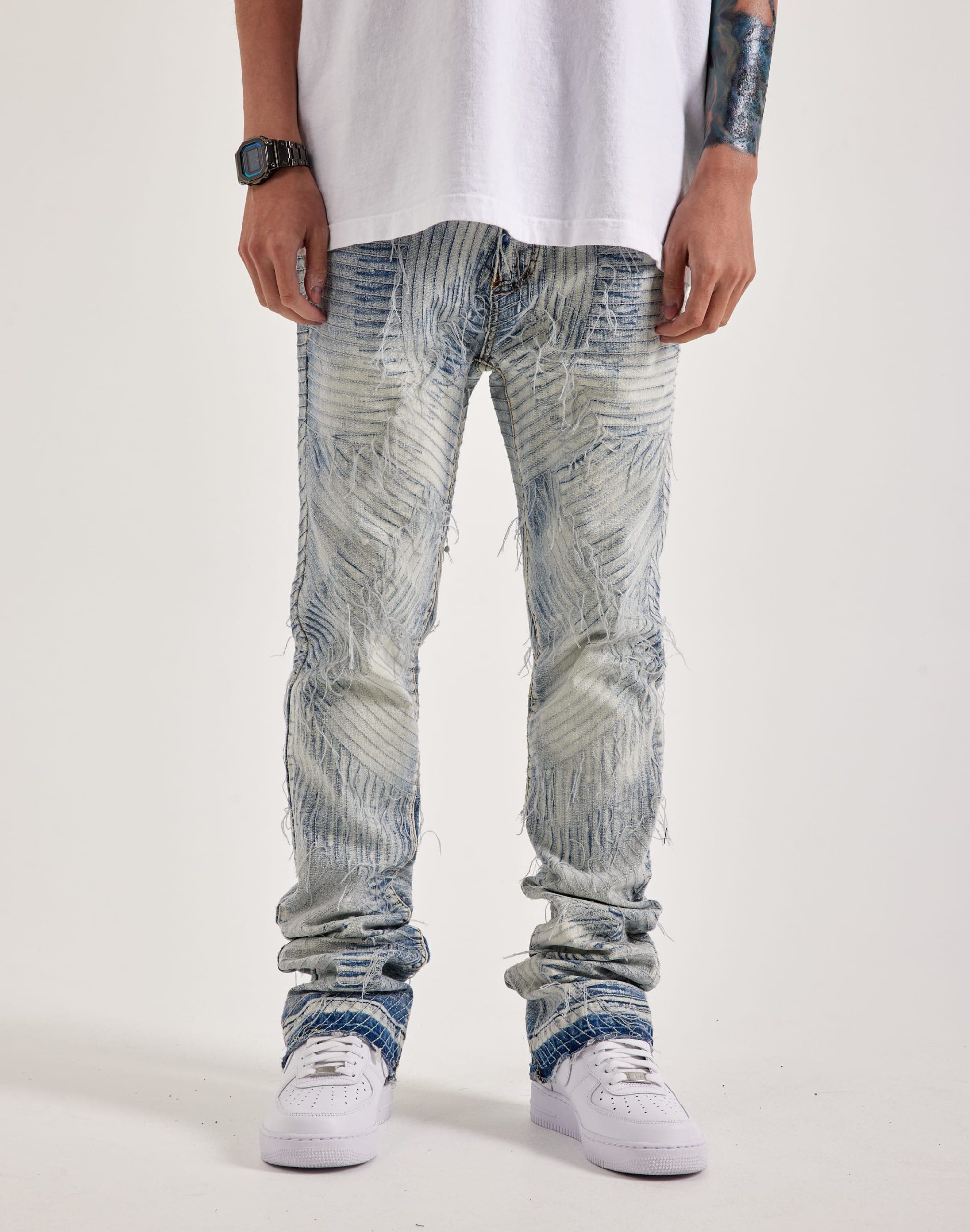 WAIMEA Slim Geometric Frayed Distressed Denim Jeans