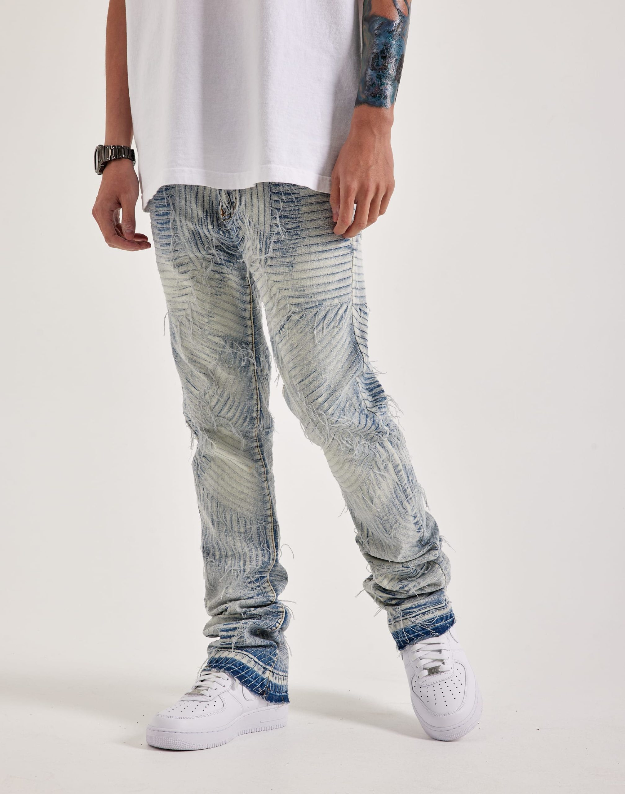 WAIMEA Slim Geometric Frayed Distressed Denim Jeans - Image 2