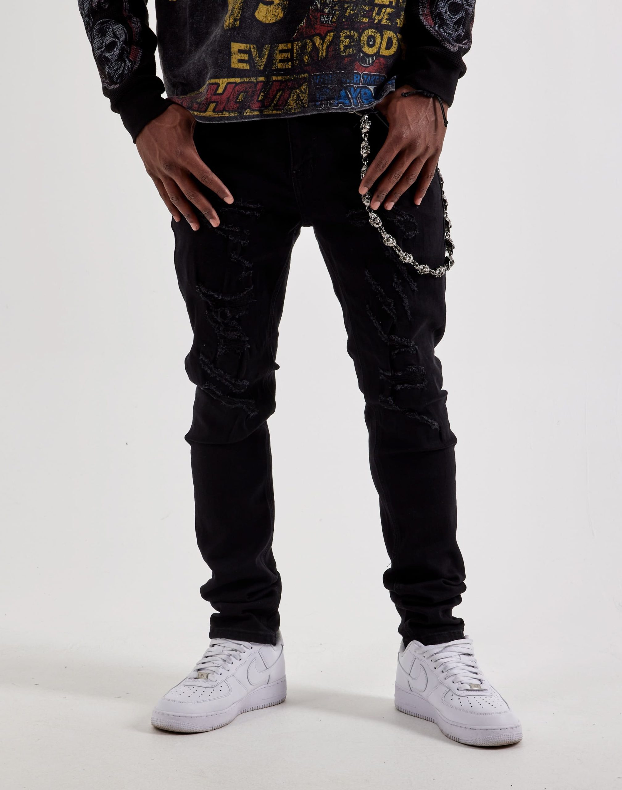 WAIMEA Slim Distressed Skull Chain Denim Jeans - Image 2