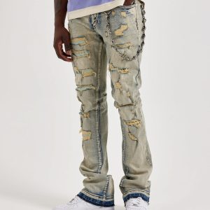 WAIMEA Stacked Distressed Skull Chain Denim Jeans