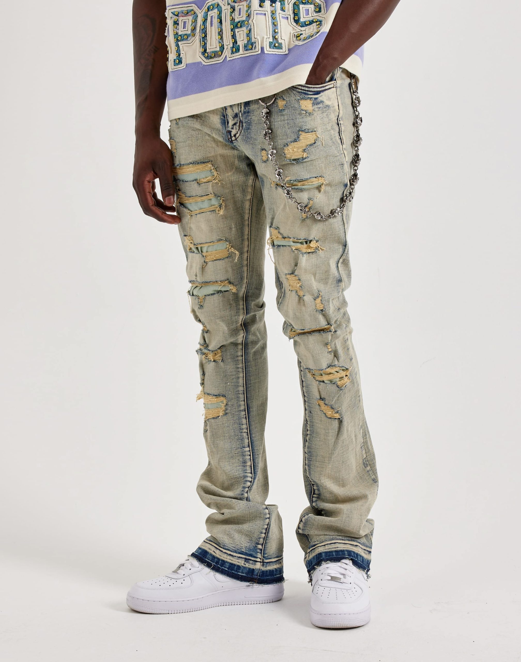 WAIMEA Stacked Distressed Skull Chain Denim Jeans