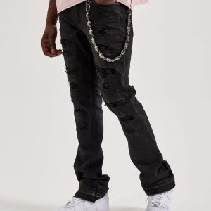 WAIMEA Stacked Distressed Skull Chain Denim Jeans
