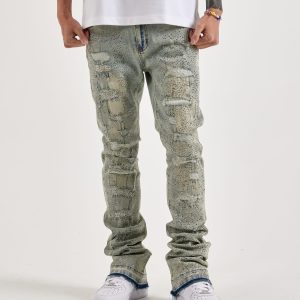 WAIMEA Stacked Rhinestone Distressed Denim Jeans